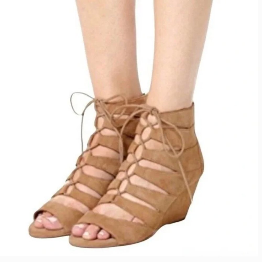 Sam Edelman Womens Santina Beige Caged Lace-Up Wedge Sandals Bootie Heels Sz 7.5